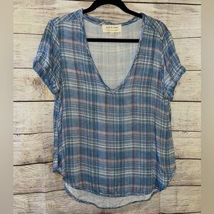 🤎3/$10 Cloth & Stone V-Neck Blue Plaid Blouse Size Large